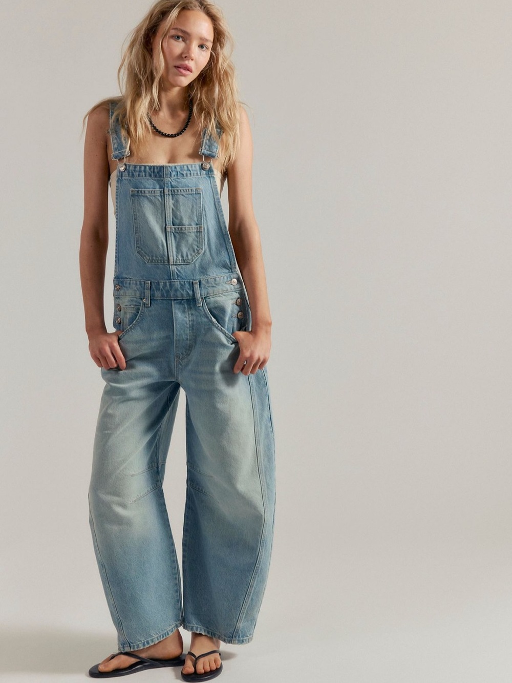 Light Wash Denim Overalls - Women's Relaxed Wide-Leg Jeans
